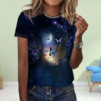 Модная женская футболка с принтом бабочек, забавная повседневная футболка с круглым вырезом и короткими рукавами, летняя женская футболка XS синий