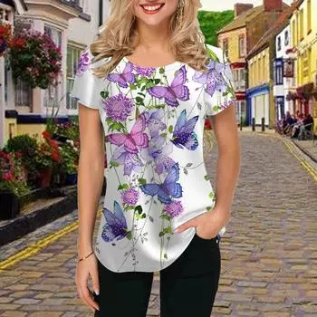 Модная женская футболка с принтом «Бабочка в цветах», забавная повседневная футболка с круглым вырезом и короткими рукавами, летняя женская футболка XS розовый