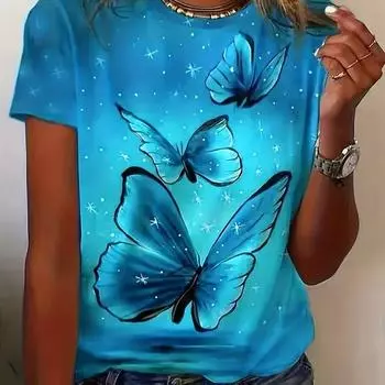 Модная женская футболка с принтом бабочки 3D, воротником-лодочкой, коротким рукавом, роскошная женская футболка больших размеров, одежда Y2K для девочек S