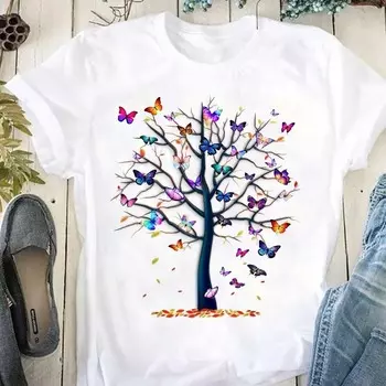 Модная женская футболка с принтом бабочки и дерева Harajuku Funny 90s Girls Graphic Print O-neck Tops Tee Женская одежда, Прямая поставка S