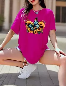 Модная женская футболка с принтом бабочки и подсолнуха, забавная повседневная футболка с круглым вырезом и короткими рукавами, летняя женская футболка XS розовый