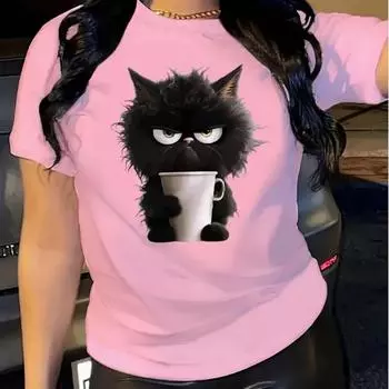 Модная женская футболка с принтом «чашка кота и питьевой воды», забавная повседневная футболка с круглым вырезом и короткими рукавами, летняя женская футболка XS розовый