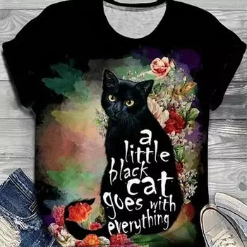 Модная женская футболка с принтом черной кошки и ящерицы, забавная повседневная футболка с круглым вырезом и короткими рукавами, летняя женская футболка XS зелёный