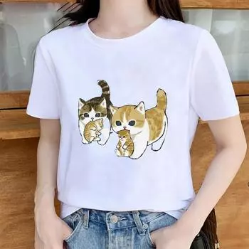 Модная женская футболка с принтом «Четыре кошки», забавная повседневная футболка с круглым вырезом и короткими рукавами, летняя женская футболка XS белый