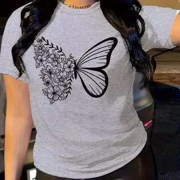Модная женская футболка с принтом «цветок-бабочка», забавная повседневная футболка с круглым вырезом и короткими рукавами, летняя женская футболка XS чёрный