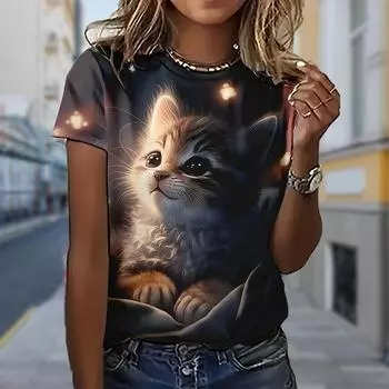Модная женская футболка с принтом «цветок котенка» и забавным повседневным круглым вырезом и короткими рукавами, летняя женская футболка XS синий