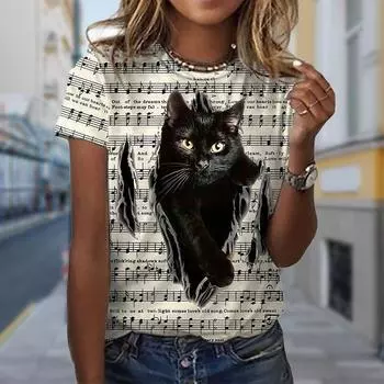 Модная женская футболка с принтом «цветок, лунный свет, кошка», забавная повседневная футболка с круглым вырезом и короткими рукавами, летняя женская футболка XS синий