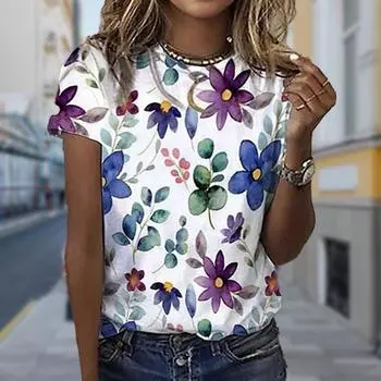 Модная женская футболка с принтом цветов и растений, забавная повседневная футболка с круглым вырезом и короткими рукавами, летняя женская футболка XS синий
