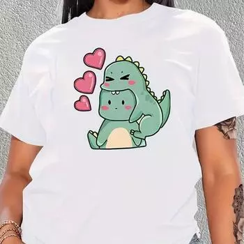 Модная женская футболка с принтом динозавра, забавная повседневная футболка с короткими рукавами и круглым вырезом, летняя женская футболка XS белый