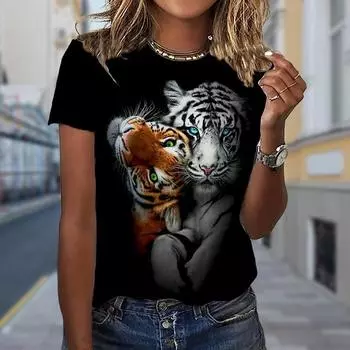 Модная женская футболка с принтом «Два тигра», забавная повседневная футболка с круглым вырезом и короткими рукавами, летняя женская футболка XS чёрный