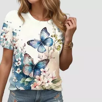 Модная женская футболка с принтом «Две бабочки», забавная повседневная футболка с круглым вырезом и короткими рукавами, летняя женская футболка XS синий