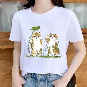 Модная женская футболка с принтом «Две кошки», забавная повседневная футболка с круглым вырезом и короткими рукавами, летняя женская футболка XS жёлтый