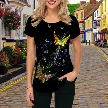 Модная женская футболка с принтом двух бабочек, забавная повседневная футболка с круглым вырезом и короткими рукавами, летняя женская футболка XS синий