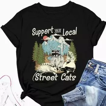 Модная женская футболка с принтом енота и снежной горной собаки, забавная повседневная футболка с круглым вырезом и короткими рукавами, летняя женская футболка XS чёрный