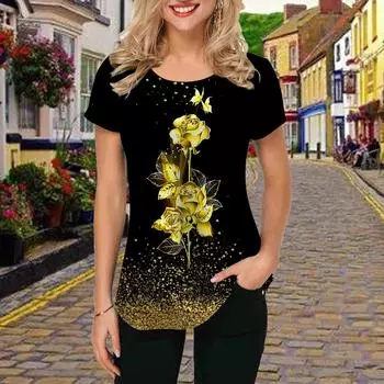 Модная женская футболка с принтом фиолетового кольца и золотой розы, забавная повседневная футболка с круглым вырезом и короткими рукавами, летняя женская футболка XS золотой
