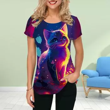 Модная женская футболка с принтом Grudge Cat, забавная повседневная футболка с круглым вырезом и короткими рукавами, летняя женская футболка XS чёрный