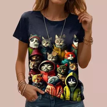 Модная женская футболка с принтом «Группа кошек», забавная повседневная футболка с круглым вырезом и короткими рукавами, летняя женская футболка XS синий