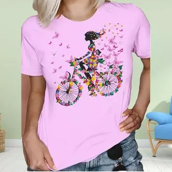 Модная женская футболка с принтом хризантемы и бабочки на велосипеде, забавная повседневная футболка с круглым вырезом и короткими рукавами, летняя женская футболка XS розовый