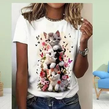 Модная женская футболка с принтом «Игривые кошки резвятся», забавная повседневная футболка с круглым вырезом и короткими рукавами, летняя женская футболка XS белый