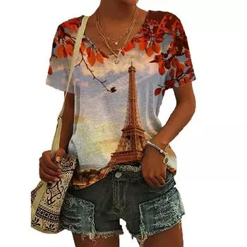 Модная женская футболка с принтом Эйфелевой башни в виде 3D-принта с коротким рукавом, летняя футболка большого размера из полиэфирного волокна S