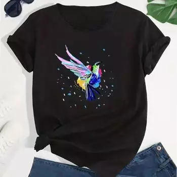 Модная женская футболка с принтом колибри и масляной живописью, забавная повседневная футболка с короткими рукавами и круглым вырезом, летняя женская футболка XS зелёный