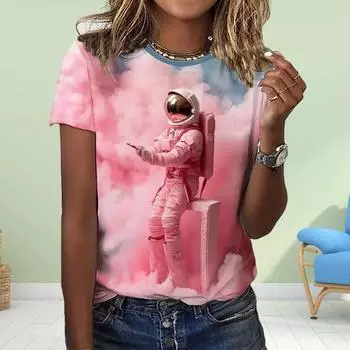 Модная женская футболка с принтом «Космический принт», забавная повседневная футболка с короткими рукавами и круглым вырезом, летняя женская футболка XS розовый