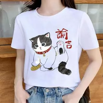 Модная женская футболка с принтом «Кот удачи», забавная повседневная футболка с круглым вырезом и короткими рукавами, летняя женская футболка XS белый