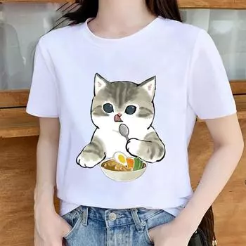 Модная женская футболка с принтом «Кот удачи», забавная повседневная футболка с круглым вырезом и короткими рукавами, летняя женская футболка XS бежевый