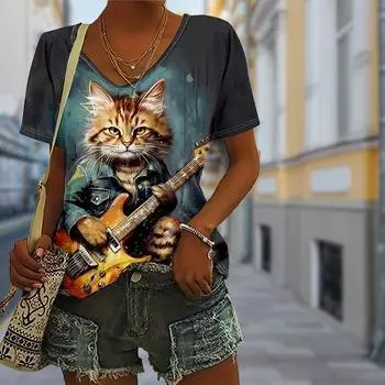 Модная женская футболка с принтом кота, держащего гитару, забавная повседневная футболка с круглым вырезом и короткими рукавами, летняя женская футболка XS зелёный