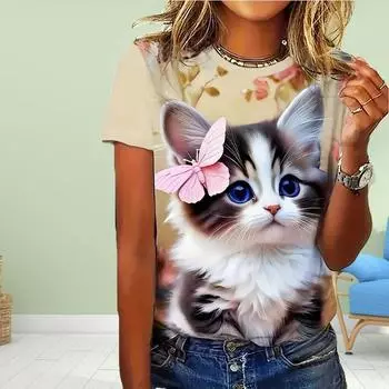 Модная женская футболка с принтом кота и оленя, забавная повседневная футболка с круглым вырезом и короткими рукавами, летняя женская футболка XS белый