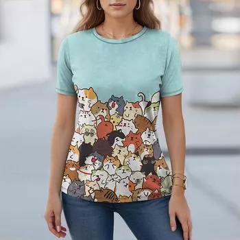 Модная женская футболка с принтом кота из мультфильма, забавная повседневная футболка с круглым вырезом и коротким рукавом, летняя женская футболка XS белый