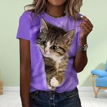 Модная женская футболка с принтом кота из мультфильма, забавная повседневная футболка с круглым вырезом и короткими рукавами, летняя женская футболка XS синий
