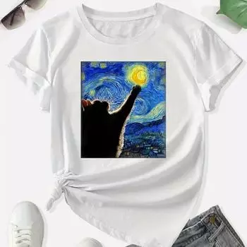 Модная женская футболка с принтом кота, выбирающего луну, забавная повседневная футболка с круглым вырезом и короткими рукавами, летняя женская футболка XS белый