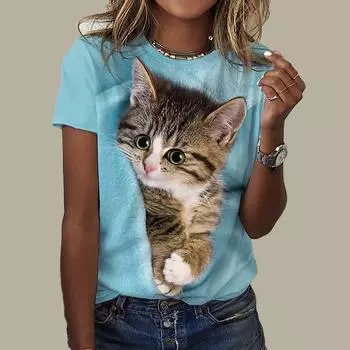 Модная женская футболка с принтом котенка, забавная повседневная футболка с круглым вырезом и короткими рукавами, летняя женская футболка XS розовый