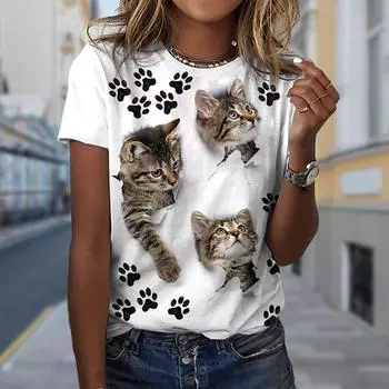 Модная женская футболка с принтом котенка, забавная повседневная футболка с круглым вырезом и короткими рукавами, летняя женская футболка XS синий