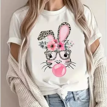 Модная женская футболка с принтом кролика в виде очков-пузырей, забавная повседневная футболка с короткими рукавами и круглым вырезом, летняя женская футболка XS белый