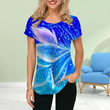 Модная женская футболка с принтом лепестков синего цвета, забавная повседневная футболка с круглым вырезом и короткими рукавами, летняя женская футболка XS синий