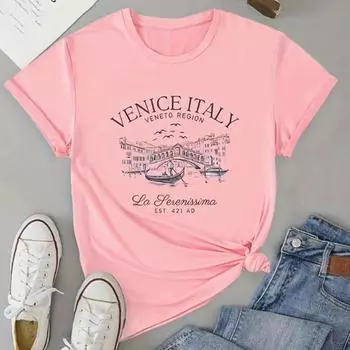 Модная женская футболка с принтом Line Street View, забавная повседневная футболка с круглым вырезом и короткими рукавами, летняя женская футболка XS розовый