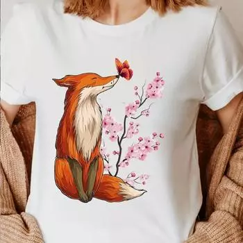 Модная женская футболка с принтом лисы, бабочки и цветка, забавная повседневная футболка с круглым вырезом и короткими рукавами, летняя женская футболка XS белый