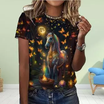 Модная женская футболка с принтом лошади, забавная повседневная футболка с круглым вырезом и короткими рукавами, летняя женская футболка XS чёрный