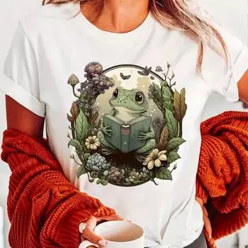 Модная женская футболка с принтом «Лягушка, читающая» Смешная повседневная футболка с круглым вырезом и короткими рукавами Летняя женская футболка XS белый