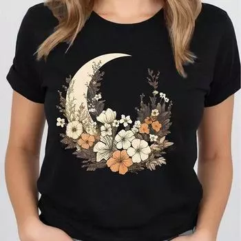 Модная женская футболка с принтом луны, цветов и растений, забавная повседневная футболка с круглым вырезом и короткими рукавами, летняя женская футболка XS синий