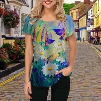 Модная женская футболка с принтом «Маленькая ромашка», забавная повседневная футболка с круглым вырезом и короткими рукавами, летняя женская футболка XS синий