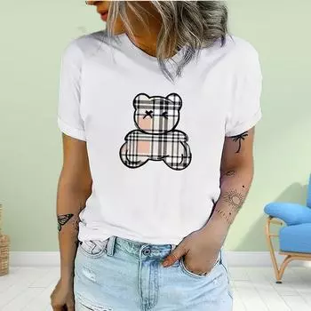 Модная женская футболка с принтом медведя в сетке, забавная повседневная футболка с круглым вырезом и короткими рукавами, летняя женская футболка XS белый