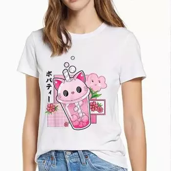 Модная женская футболка с принтом «Молочный чай с головой кошки», забавная повседневная футболка с круглым вырезом и короткими рукавами, летняя женская футболка XS розовый