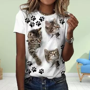 Модная женская футболка с принтом мультяшного кота, забавная повседневная футболка с круглым вырезом и короткими рукавами, летняя женская футболка XS синий