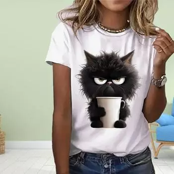 Модная женская футболка с принтом мультяшного кота, забавная повседневная футболка с круглым вырезом и короткими рукавами, летняя женская футболка XS розовый