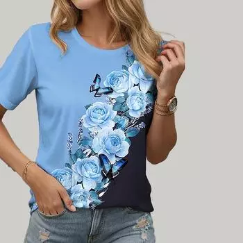 Модная женская футболка с принтом наклоненного букета, забавная повседневная футболка с круглым вырезом и короткими рукавами, летняя женская футболка XS синий