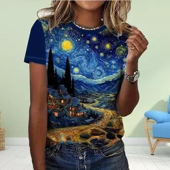 Модная женская футболка с принтом «ночное небо», забавная повседневная футболка с круглым вырезом и короткими рукавами, летняя женская футболка XS синий