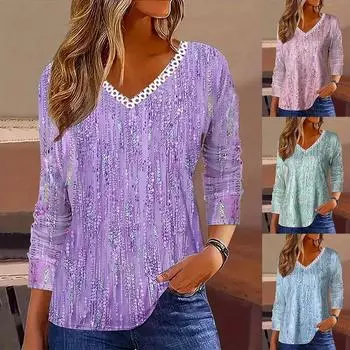 Модная женская футболка с принтом пайеток, V-образным вырезом, длинным рукавом, женская осенняя повседневная футболка, топ S розовый